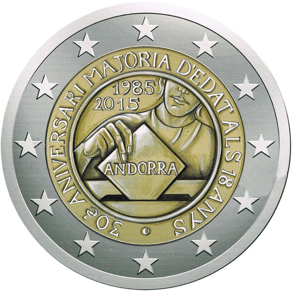 2 Euromunt van Andorra uit 2015 met het motief 30ste verjaardag van de invoering van de meerderjarigheid en de toekenning van politieke rechten op 18 jaar