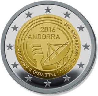 2 Euromunt van Andorra uit 2016 met het motief 25-jarig bestaan van de Andorrese radio- en televisieomroep