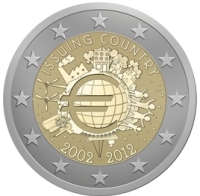 2 Euromunt van België uit 2012 met het motief 10 jaar chartale Euro