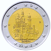 2 Euromunt van Duitsland uit 2012 met het motief Slot Neuschwanstein in Hohenschwangau