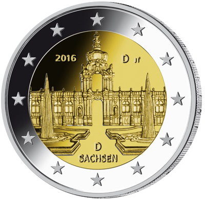 2 Euromunt van Duitsland uit 2016 met het motief Zwinger van Dresden