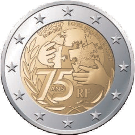 2 Euromunt van Frankrijk uit 2021 met het motief 75-jarig bestaan van de UNICEF