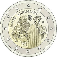 2 Euromunt van Italië uit 2015 met het motief 750ste geboortedag van Dante Alighieri
