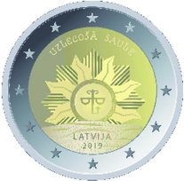2 Euromunt van Letland uit 2019 met het motief Opkomende zon - Het wapen van Letland