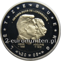 2 Euromunt van Luxemburg uit 2005 met het motief 50e verjaardag en 5e troonsjaar van groothertog Hendrik en 100e sterfjaar van groothertog Adolf