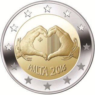 2 Euromunt van Malta uit 2016 met het motief Solidariteit door liefde