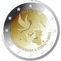 2 Euromunt van Monaco uit 2013 met het motief 20 Jaar Monaco lid bij de Verenigde Naties