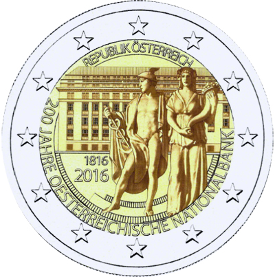 2 Euromunt van Oostenrijk uit 2016 met het motief 200-jarig bestaan van de Oostenrijkse Nationale Bank