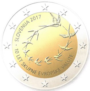 2 Euromunt van Slovenië uit 2017 met het motief 10e verjaardag van de invoering van de euro in Slovenië