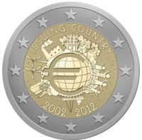 2 Euromunt van Slowakije uit 2012 met het motief 10 jaar chartale Euro