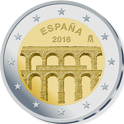 2 Euromunt van Spanje uit 2016 met het motief Oude stad Segovia en aquaduct
