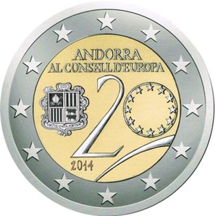 2 Euromunt van Andorra uit 2014 met het motief 20-jarig lidmaatschap van de Raad van Europa