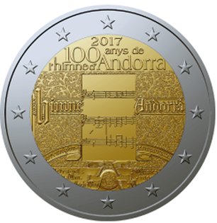 2 Euromunt van Andorra uit 2017 met het motief 100e verjaardag van het volkslied van Andorra