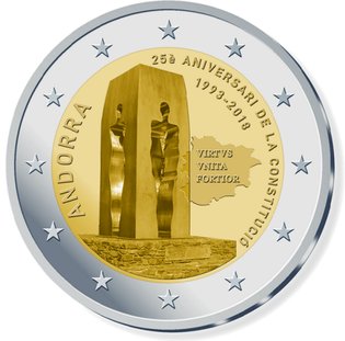 2 Euromunt van Andorra uit 2018 met het motief 25e verjaardag van de Andorrese  grondwet