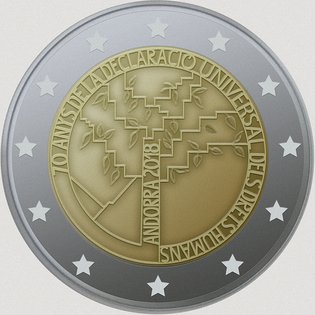 2 Euromunt van Andorra uit 2018 met het motief 70 jaar Universele Verklaring van de Rechten van de Mens