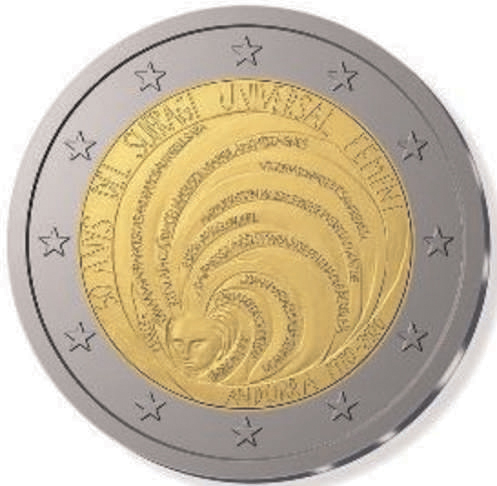 2 Euromunt van Andorra uit 2020 met het motief 50 jaar algemeen vrouwenkiesrecht