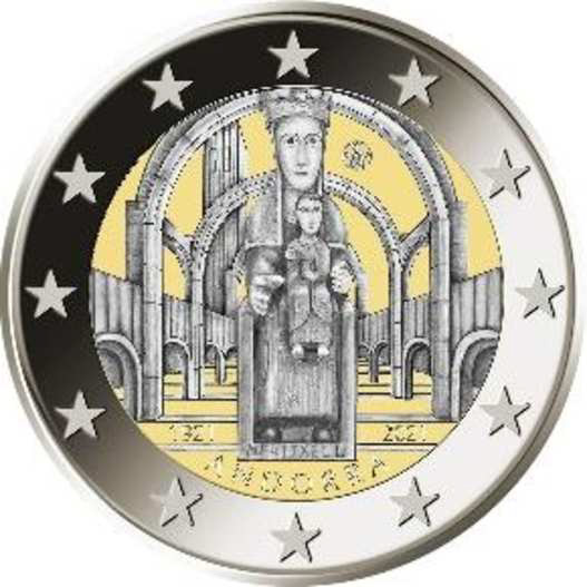 2 Euromunt van Andorra uit 2021 met het motief Onze-Lieve-Vrouw van Meritxell