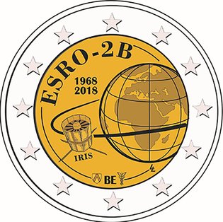 2 Euromunt van België uit 2018 met het motief 50 jaar lancering van ESRO 2B