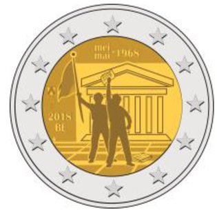 2 Euromunt van België uit 2018 met het motief 50e verjaardag van de gebeurtenissen van mei 1968 in België
