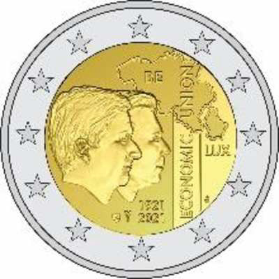 2 Euromunt van België uit 2021 met het motief 100 jaar Belgisch-Luxemburgse Economische Unie