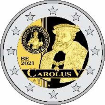 2 Euromunt van België uit 2021 met het motief 500 jaar tweede emissieperiode van munten van Karel V