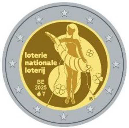 2 Euromunt van België uit 2025 met het motief 90 jaar Nationale Loterij