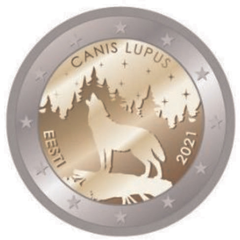 2 Euromunt van Estland uit 2021 met het motief Nationale dier van Estland, de wolf