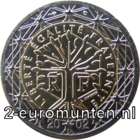 Normale 2 Euromunt van Frankrijk met als motief een gestyleerde boom met het Franse wapenspreuk: Liberté, égalité, fraternité