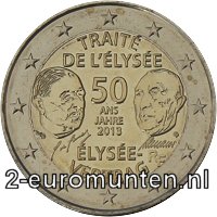 2 Euromunt van Frankrijk uit 2013 met het motief 50 jaar Élysée-verdrag