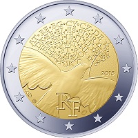 2 Euromunt van Frankrijk uit 2015 met het motief 70 jaar vrede in Europa