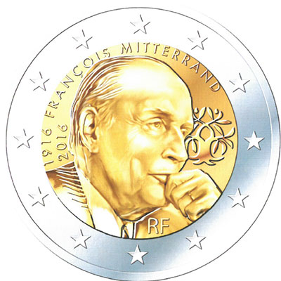 2 Euromunt van Frankrijk uit 2016 met het motief 100ste geboortedag en 20ste sterfdag van François Mitterrand