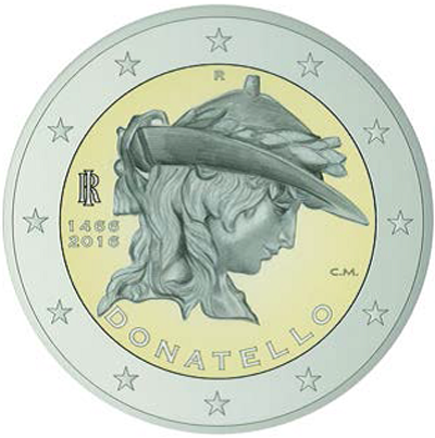 2 Euromunt van Italië uit 2016 met het motief 550ste sterfdag van Donatello
