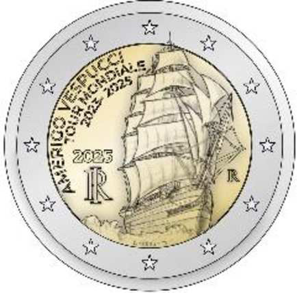 2 Euromunt van Itali&euml; uit 2025 met het motief Wereldtournee Amerigo Vespucci 2023-2025
