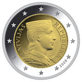Normale 2 Euromunt uit Letland met de afbeelding van de  Letse maagd