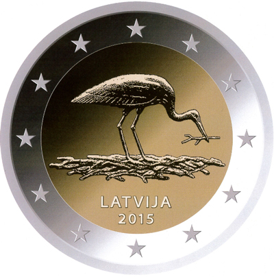 2 Euromunt van Letland uit 2015 met het motief Bescherming van de zwarte ooievaar
