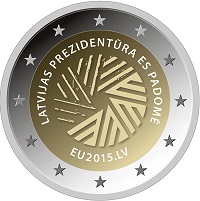 2 Euromunt van Letland uit 2015 met het motief Voorzitterschap Europese Unie