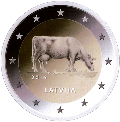 2 Euromunt van Letland uit 2016 met het motief Letse melkindustrie