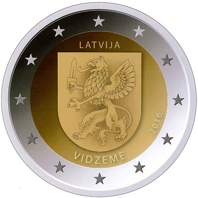 2 Euromunt van Letland uit 2016 met het motief Midden-Lijfland