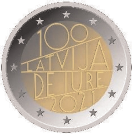 2 Euromunt van Letland uit 2021 met het motief 100 jaar internationale erkenning van Letland