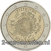 2 Euromunt van Luxemburg uit 2012 met het motief 10 jaar chartale Euro