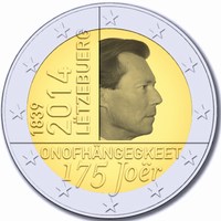 2 Euromunt van Luxemburg uit 2014 met het motief 175ste verjaardag van de onafhankelijkheid van Luxemburg