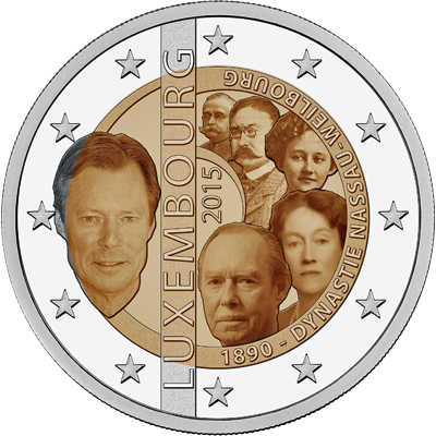 2 Euromunt van Luxemburg uit 2015 met het motief 125ste verjaardag van de dynastie Nassau-Weilburg