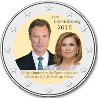 2 Euromunt van Luxemburg uit 2015 met het motief 15e verjaardag van de troonsbestijging van Groothertog Hendrik