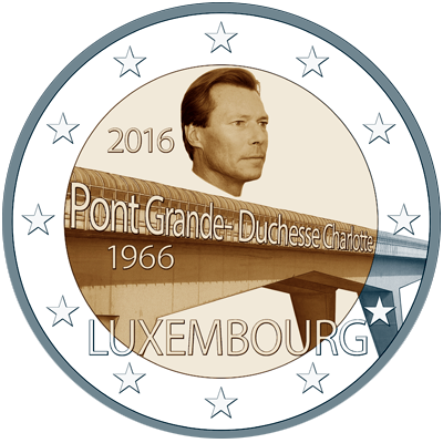 2 Euromunt van Luxemburg uit 2016 met het motief 50ste verjaardag van de opening van de Groothertogin Charlottebrug