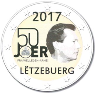 2 Euromunt van Luxemburg uit 2017 met het motief 50-jarig bestaan van het vrijwilligersleger
