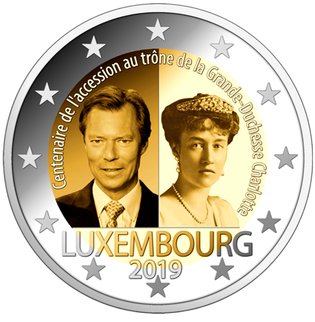 2 Euromunt van Luxemburg uit 2019 met het motief 100ste verjaardag van de troonsbestijging van Groothertogin Charlotte