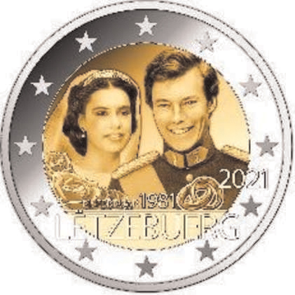 2 Euromunt van Luxemburg uit 2021 met het motief het 40 jarig huwelijk van Groothertog Hendrik