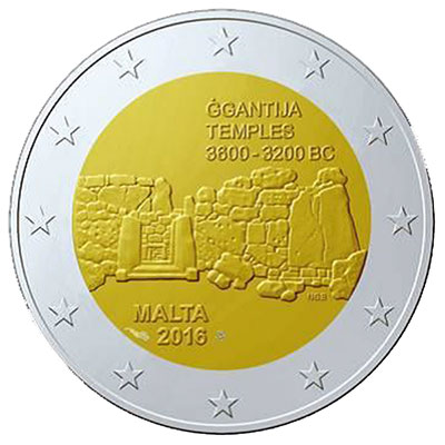 2 Euromunt van Malta uit 2016 met het motief Megalithische tempels van Ġgantija
