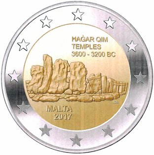 2 Euromunt van Malta uit 2017 met het motief Megalithische tempel van Ħaġar Qim