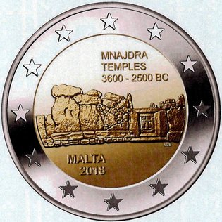 2 Euromunt van Malta uit 2018 met het motief Megalithische tempels van Mnajdra